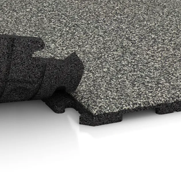 Großaufnahme vom Verbindungssystem von WARCO-Boden 1599 - Fitnessvloer Rubber Tegels Classic im Farbdesign Grijs Graniet. Abmessungen 1000 x 1000 x 30 mm.