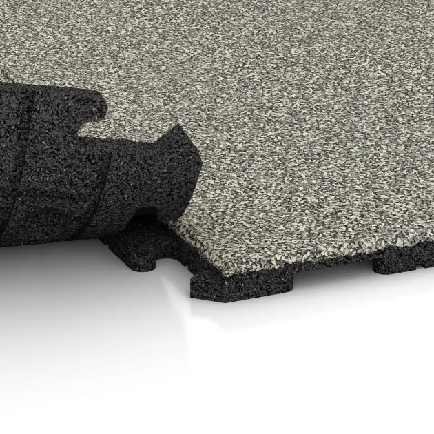 Großaufnahme vom Verbindungssystem von WARCO-Boden 1600 - Fitnessvloer Rubber Tegels Classic im Farbdesign Lichtgrijs Graniet. Abmessungen 1000 x 1000 x 30 mm.