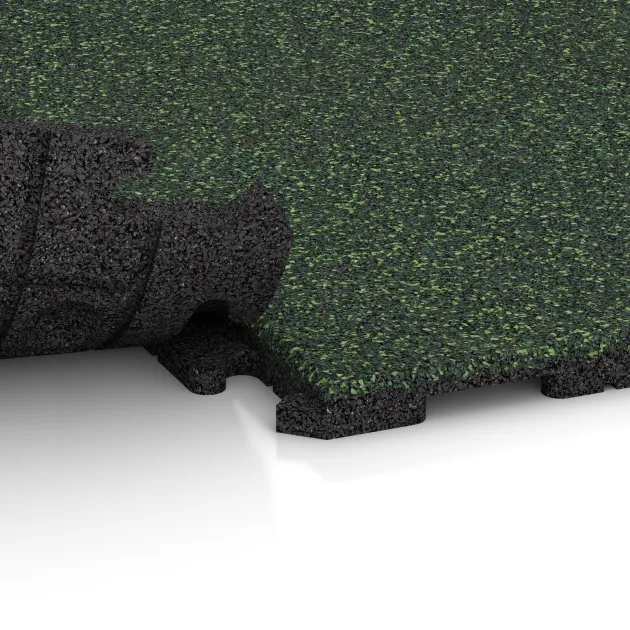 Großaufnahme vom Verbindungssystem von WARCO-Boden 1601 - Fitnessvloer Rubber Tegels Classic im Farbdesign Engels Gras. Abmessungen 1000 x 1000 x 30 mm.