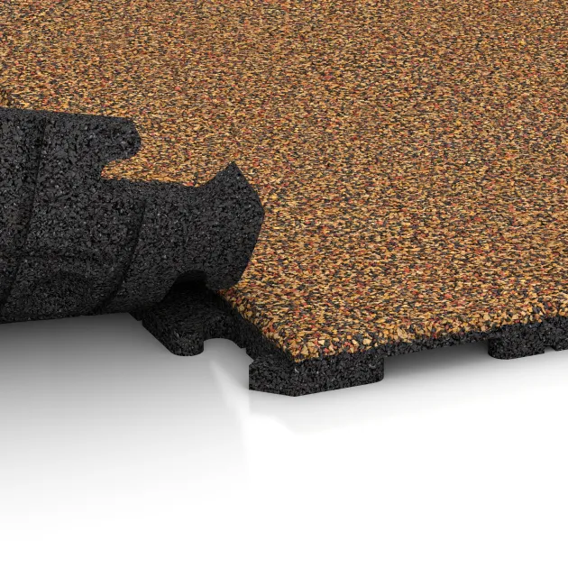 Großaufnahme vom Verbindungssystem von WARCO-Boden 1602 - Fitnessvloer Rubber Tegels Classic im Farbdesign Terra Cotta. Abmessungen 1000 x 1000 x 30 mm.