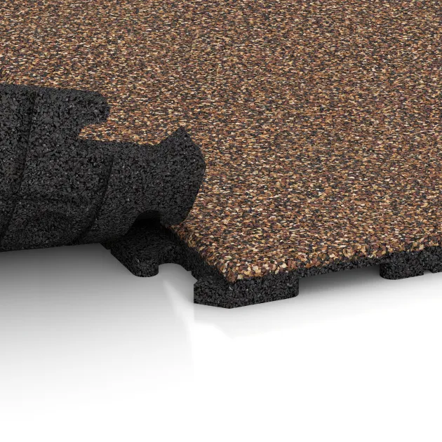 Großaufnahme vom Verbindungssystem von WARCO-Boden 1603 - Fitnessvloer Rubber Tegels Classic im Farbdesign Schors & Bast. Abmessungen 1000 x 1000 x 30 mm.