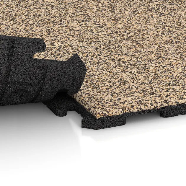 Großaufnahme vom Verbindungssystem von WARCO-Boden 1606 - Fitnessvloer Rubber Tegels Classic im Farbdesign Travertin. Abmessungen 1000 x 1000 x 30 mm.