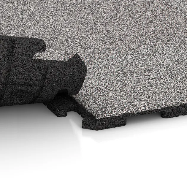 Großaufnahme vom Verbindungssystem von WARCO-Boden 4638 - Fitnessvloer Rubber Tegels Classic im Farbdesign Grijs Melange. Abmessungen 1000 x 1000 x 30 mm.