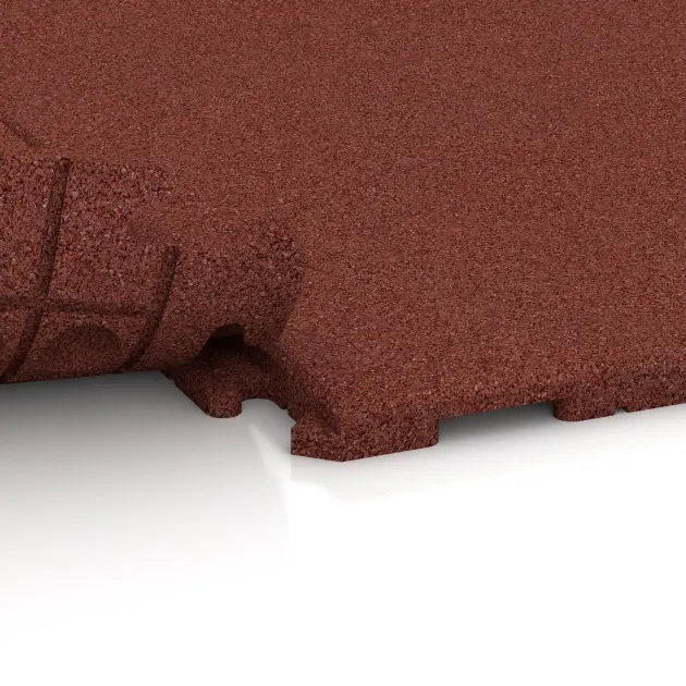 Großaufnahme vom Verbindungssystem von WARCO-Boden 5751 - Eventvloer im Farbdesign Baksteenrood. Abmessungen 1000 x 1000 x 30 mm.