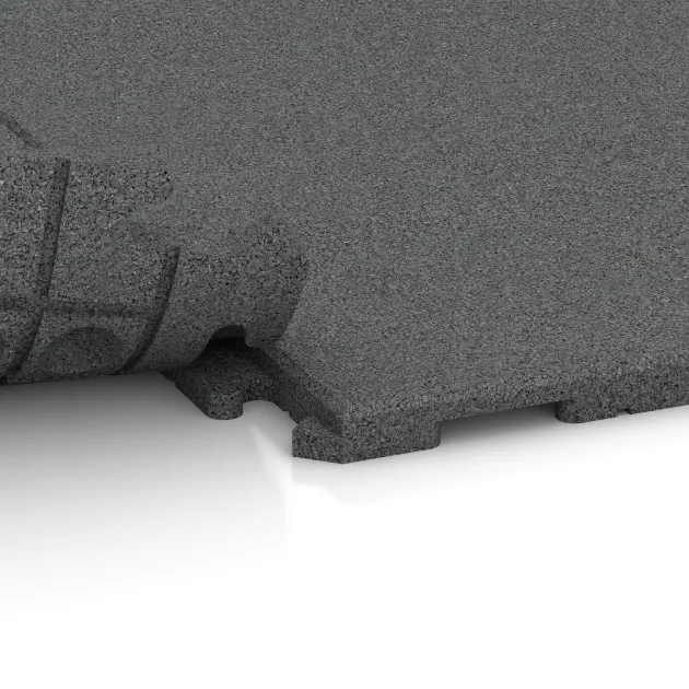 Großaufnahme vom Verbindungssystem von WARCO-Boden 1633 - Fitnessvloer Rubber Tegels Classic im Farbdesign Leigrijs. Abmessungen 1000 x 1000 x 30 mm.