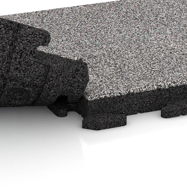 Großaufnahme vom Verbindungssystem von WARCO-Boden 4630 - Fitnessvloer Rubber Tegels Classic im Farbdesign Grijs Melange. Abmessungen 500 x 500 x 50 mm.
