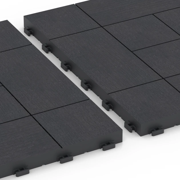 Großaufnahme vom Verbindungssystem von WARCO-Boden 6236 - Paneelpatroon – Vlondertegel im Farbdesign Leisteen. Abmessungen 38,5 x 38,5 x 2 cm.