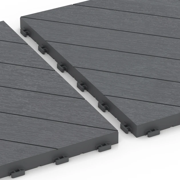 Großaufnahme vom Verbindungssystem von WARCO-Boden 6326 - Visgraat – Vlondertegel im Farbdesign Zilvergrijs. Abmessungen 38,5 x 38,5 x 2 cm.