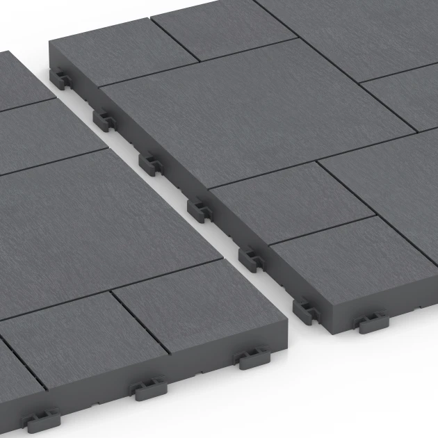 Großaufnahme vom Verbindungssystem von WARCO-Boden 6330 - Blokpatroon – Vlondertegel im Farbdesign Zilvergrijs. Abmessungen 38,5 x 38,5 x 2 cm.