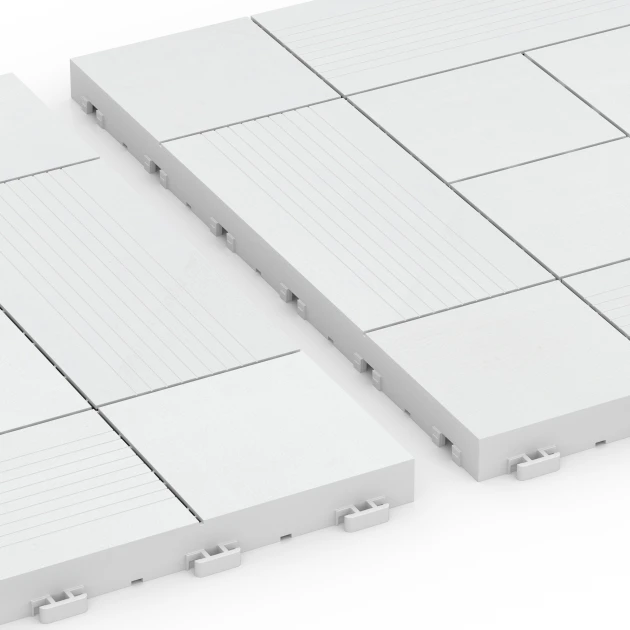 Großaufnahme vom Verbindungssystem von WARCO-Boden 6235 - Paneelpatroon – Vlondertegel im Farbdesign Krijt. Abmessungen 38,5 x 38,5 x 2 cm.