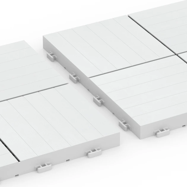 Großaufnahme vom Verbindungssystem von WARCO-Boden 6353 - Mozaïek – Vlondertegel im Farbdesign Krijt. Abmessungen 30 x 30 x 2 cm.