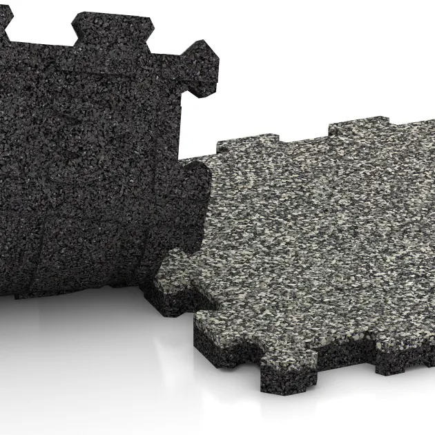 Großaufnahme vom Verbindungssystem von WARCO-Boden 3721 - Fitnessmat Premium 2 cm im Farbdesign Grijs Graniet. Abmessungen 306 x 306 x 20 mm.