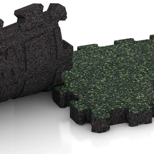 Großaufnahme vom Verbindungssystem von WARCO-Boden 4418 - Naadloze sportvloer im Farbdesign Engels gazon. Abmessungen 30,6 x 30,6 x 3 cm | 0,094 m².