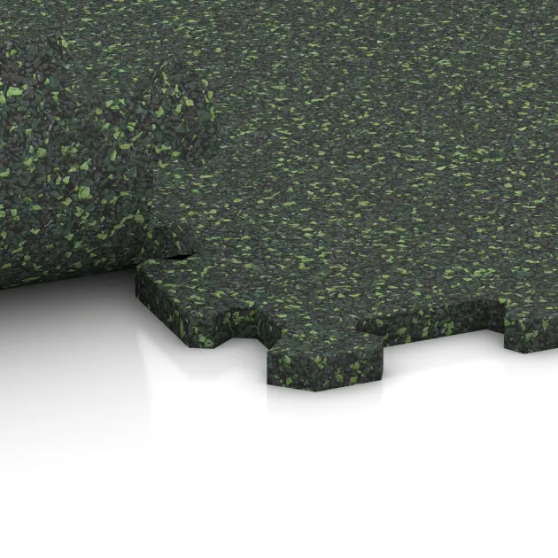 Großaufnahme vom Verbindungssystem von WARCO-Boden 1099 - Fitnessvloer Compact im Farbdesign Engels Gras. Abmessungen 970 x 970 x 16 mm.