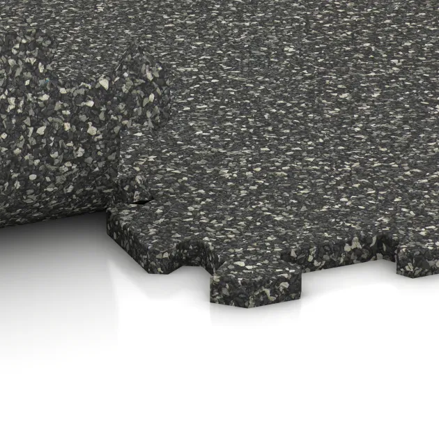 Großaufnahme vom Verbindungssystem von WARCO-Boden 0958 - Fitnessvloer Compact im Farbdesign Donkergrijs Graniet. Abmessungen 485 x 485 x 16 mm.
