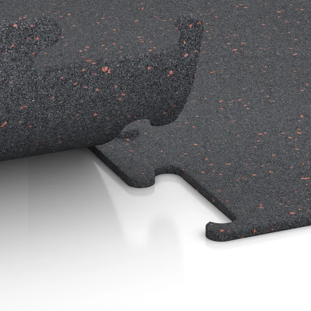 Großaufnahme vom Verbindungssystem von WARCO-Boden 3753 - Fitness Performance Elite Trainingsvloer im Farbdesign Licht Rood Gespikkeld. Abmessungen 1000 x 1000 x 10 mm.