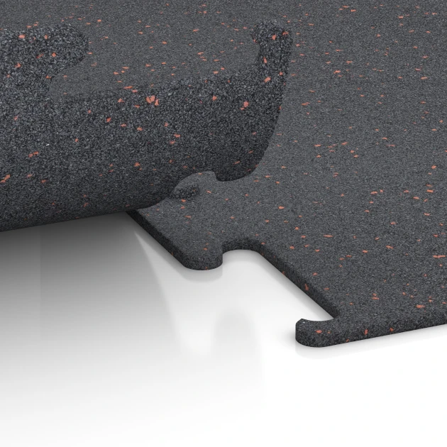 Großaufnahme vom Verbindungssystem von WARCO-Boden 3753 - Fitness Performance Elite Trainingsvloer im Farbdesign Licht Rood Gespikkeld. Abmessungen 100 x 100 x 1 cm | 1,00 m².