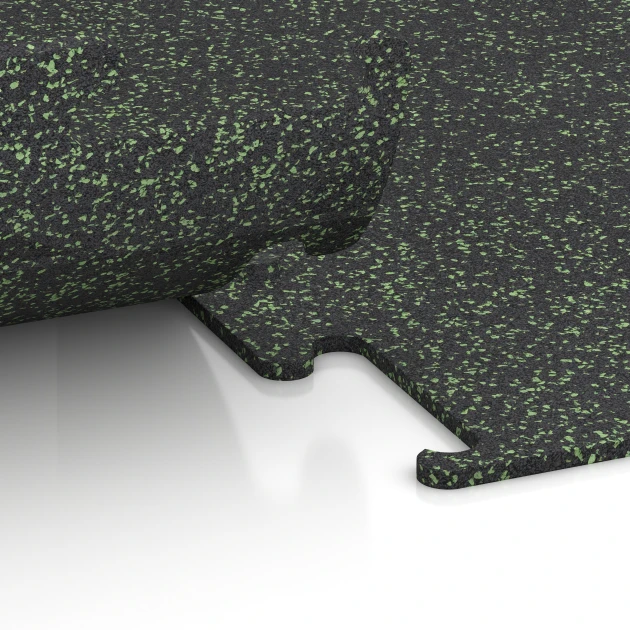 Großaufnahme vom Verbindungssystem von WARCO-Boden 3755 - Fitness Performance Elite Trainingsvloer im Farbdesign Licht Groen Gespikkeld. Abmessungen 100 x 100 x 1 cm | 1,00 m².