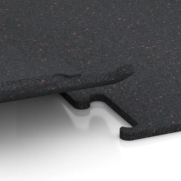 Großaufnahme vom Verbindungssystem von WARCO-Boden 3757 - Fitness Performance Elite Trainingsvloer im Farbdesign Licht Rood Gespikkeld. Abmessungen 1000 x 1000 x 15 mm.