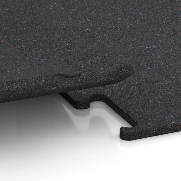 Großaufnahme vom Verbindungssystem von WARCO-Boden 3757 - Fitness Performance Elite Trainingsvloer im Farbdesign Licht Rood Gespikkeld. Abmessungen 100 x 100 x 1,5 cm | 1,00 m².