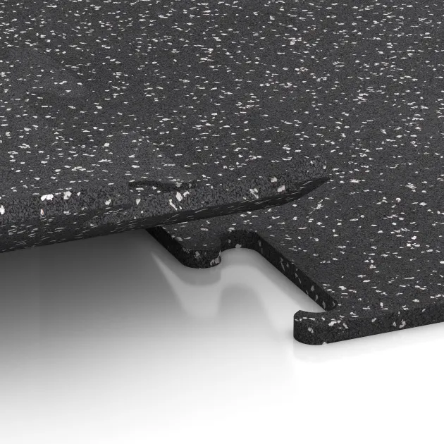 Großaufnahme vom Verbindungssystem von WARCO-Boden 3777 - Fitness Performance Elite Trainingsvloer im Farbdesign Licht Grijs Gespeckeld. Abmessungen 1000 x 1000 x 15 mm.