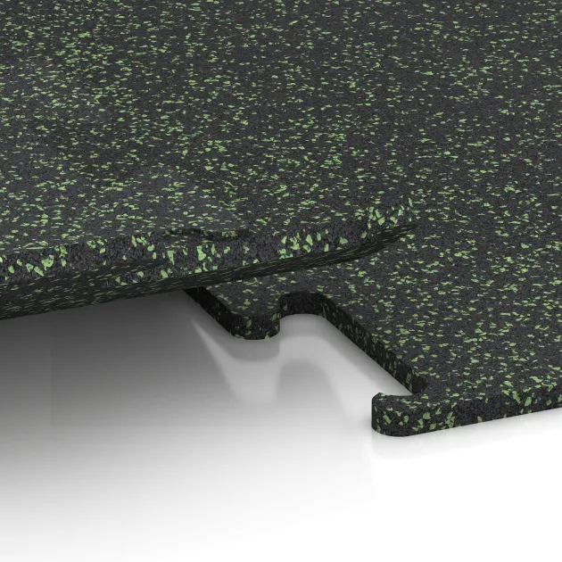 Großaufnahme vom Verbindungssystem von WARCO-Boden 3759 - Fitness Performance Elite Trainingsvloer im Farbdesign Licht Groen Gespikkeld. Abmessungen 1000 x 1000 x 15 mm.