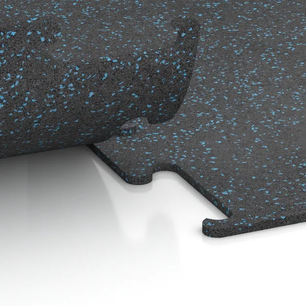 Großaufnahme vom Verbindungssystem von WARCO-Boden 3766 - Fitness Performance Elite Trainingsvloer im Farbdesign Licht blauw gespikkeld. Abmessungen 500 x 500 x 10 mm.