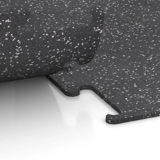 Großaufnahme vom Verbindungssystem von WARCO-Boden 3779 - Fitness Performance Elite Trainingsvloer im Farbdesign Licht Grijs Gespeckeld. Abmessungen 500 x 500 x 10 mm.