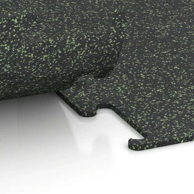 Großaufnahme vom Verbindungssystem von WARCO-Boden 3767 - Fitness Performance Elite Trainingsvloer im Farbdesign Licht Groen Gespikkeld. Abmessungen 500 x 500 x 10 mm.