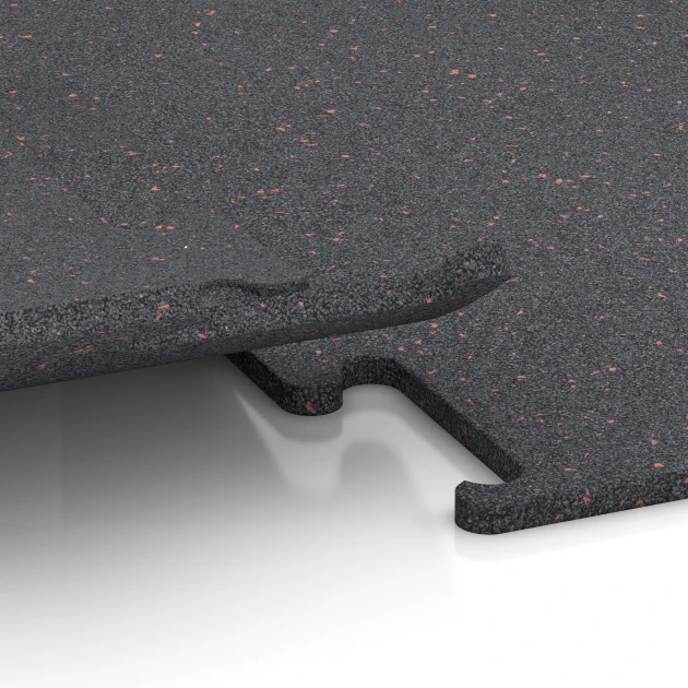 Großaufnahme vom Verbindungssystem von WARCO-Boden 3769 - Fitness Performance Elite Trainingsvloer im Farbdesign Licht Rood Gespikkeld. Abmessungen 50 x 50 x 1,5 cm | 0,25 m².