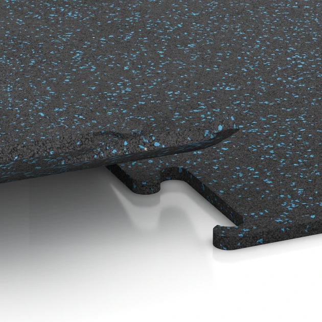 Großaufnahme vom Verbindungssystem von WARCO-Boden 3770 - Fitness Performance Elite Trainingsvloer im Farbdesign Licht blauw gespikkeld. Abmessungen 50 x 50 x 1,5 cm | 0,25 m².