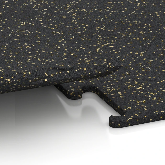 Großaufnahme vom Verbindungssystem von WARCO-Boden 3768 - Fitness Performance Elite Trainingsvloer im Farbdesign Licht Geel Gesprenkelde. Abmessungen 50 x 50 x 1,5 cm | 0,25 m².