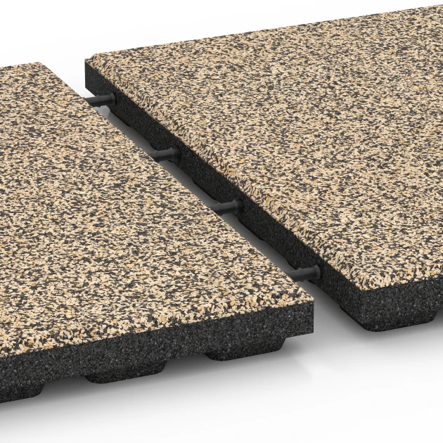 Großaufnahme vom Verbindungssystem von WARCO-Boden 6428 - Rubberen speelplaatstegel – 120 cm im Farbdesign Travertin. Abmessungen 50 x 50 x 4 cm.