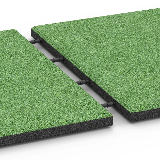 Großaufnahme vom Verbindungssystem von WARCO-Boden 6129 - Rubberen speelplaatstegel – 95 cm im Farbdesign Lindegroen. Abmessungen 50 x 50 x 3 cm.