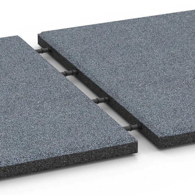 Großaufnahme vom Verbindungssystem von WARCO-Boden 6130 - Rubberen speelplaatstegel – 95 cm im Farbdesign Grafietgrijs. Abmessungen 50 x 50 x 3 cm.