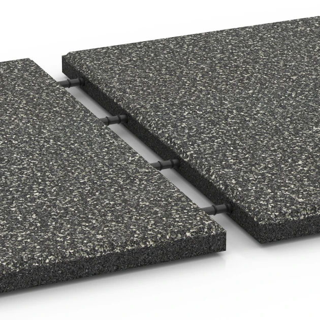 Großaufnahme vom Verbindungssystem von WARCO-Boden 6413 - Rubberen speelplaatstegel – 90 cm im Farbdesign Donkergrijs graniet. Abmessungen 50 x 50 x 3 cm.
