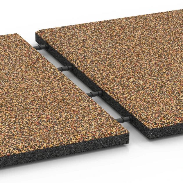 Großaufnahme vom Verbindungssystem von WARCO-Boden 6416 - Rubberen speelplaatstegel – 90 cm im Farbdesign Terracotta. Abmessungen 50 x 50 x 3 cm.