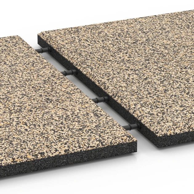 Großaufnahme vom Verbindungssystem von WARCO-Boden 6419 - Rubberen speelplaatstegel – 90 cm im Farbdesign Travertin. Abmessungen 50 x 50 x 3 cm.