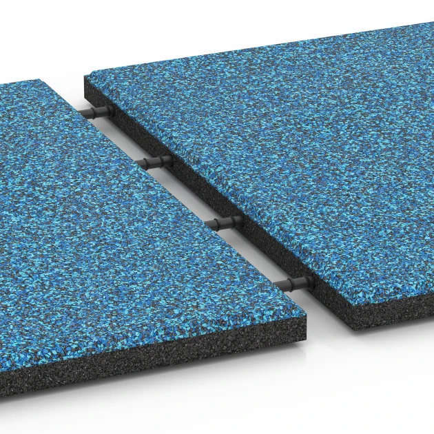 Großaufnahme vom Verbindungssystem von WARCO-Boden 6420 - Rubberen speelplaatstegel – 90 cm im Farbdesign Atlantisch. Abmessungen 50 x 50 x 3 cm.