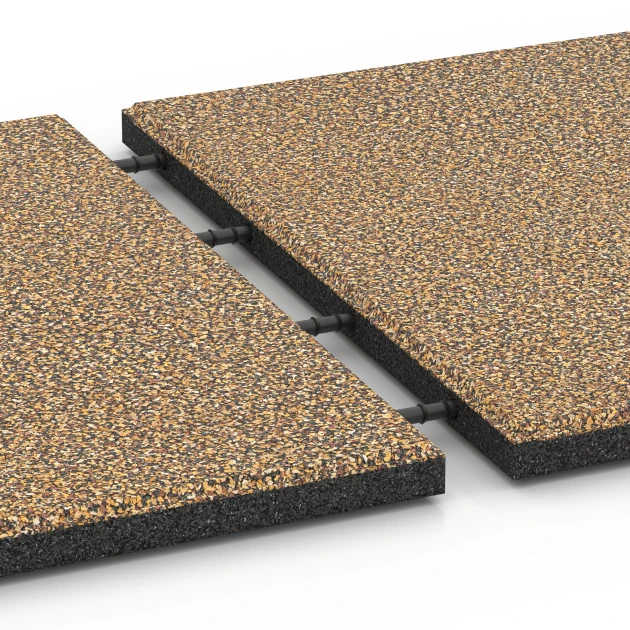 Großaufnahme vom Verbindungssystem von WARCO-Boden 6421 - Rubberen speelplaatstegel – 90 cm im Farbdesign Rattan. Abmessungen 50 x 50 x 3 cm.