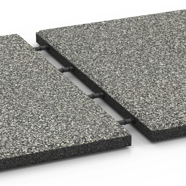 Großaufnahme vom Verbindungssystem von WARCO-Boden 6414 - Rubberen speelplaatstegel – 90 cm im Farbdesign Grijs graniet. Abmessungen 50 x 50 x 3 cm | 0,25 m².