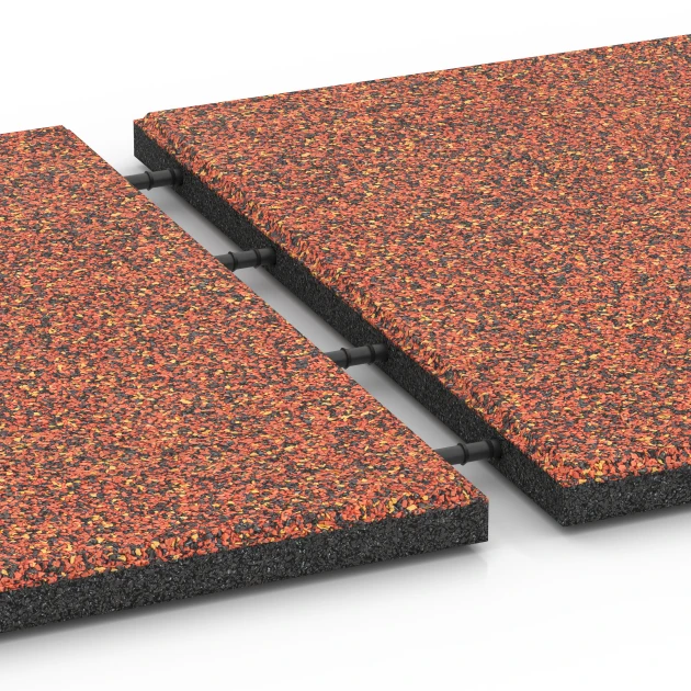 Großaufnahme vom Verbindungssystem von WARCO-Boden 6417 - Rubberen speelplaatstegel – 90 cm im Farbdesign Etna. Abmessungen 50 x 50 x 3 cm | 0,25 m².