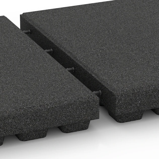 Großaufnahme vom Verbindungssystem von WARCO-Boden 6295 - Rubberen speelplaatstegels im Farbdesign Antraciet. Abmessungen 50 x 50 x 7 cm.