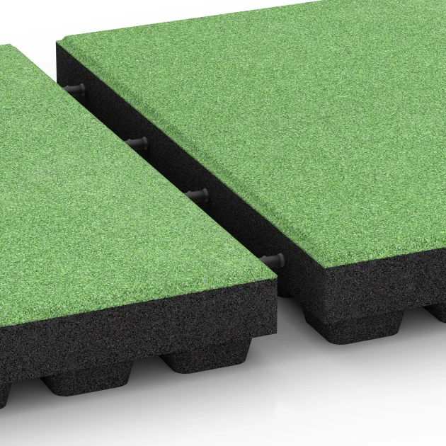 Großaufnahme vom Verbindungssystem von WARCO-Boden 6297 - Rubberen speelplaatstegels im Farbdesign Lindegroen. Abmessungen 50 x 50 x 7 cm.