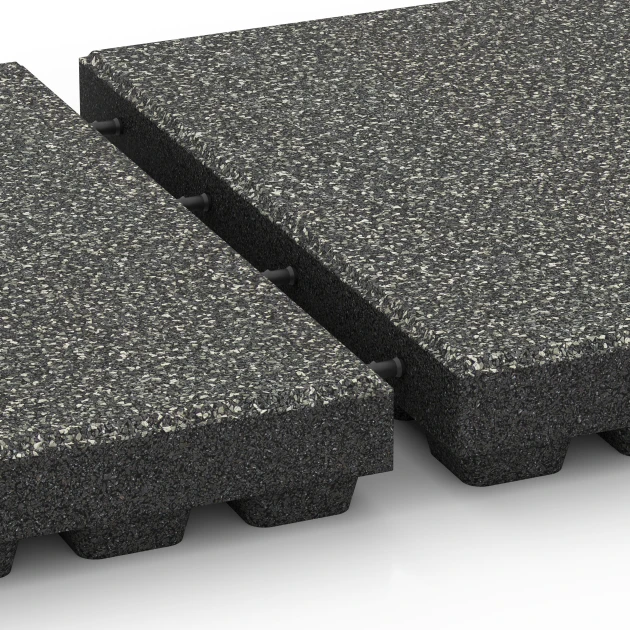Großaufnahme vom Verbindungssystem von WARCO-Boden 6440 - Rubberen speelplaatstegel – 210 cm im Farbdesign Donkergrijs graniet. Abmessungen 50 x 50 x 7 cm.