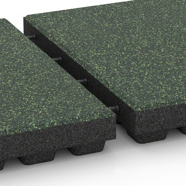 Großaufnahme vom Verbindungssystem von WARCO-Boden 6442 - Rubberen speelplaatstegel – 210 cm im Farbdesign Engels gazon. Abmessungen 50 x 50 x 7 cm.