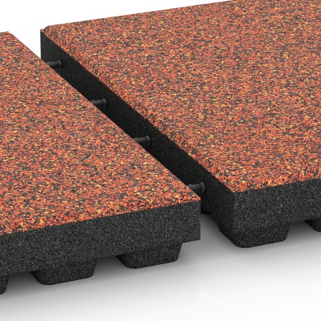 Großaufnahme vom Verbindungssystem von WARCO-Boden 6444 - Rubberen speelplaatstegel – 210 cm im Farbdesign Etna. Abmessungen 50 x 50 x 7 cm.