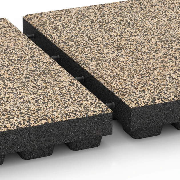 Großaufnahme vom Verbindungssystem von WARCO-Boden 6446 - Rubberen speelplaatstegel – 210 cm im Farbdesign Travertin. Abmessungen 50 x 50 x 7 cm.