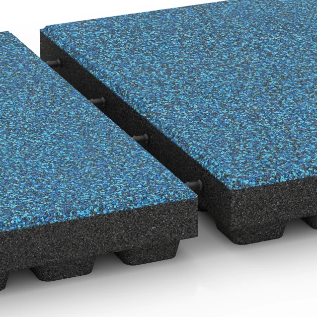 Großaufnahme vom Verbindungssystem von WARCO-Boden 6447 - Rubberen speelplaatstegel – 210 cm im Farbdesign Atlantisch. Abmessungen 50 x 50 x 7 cm.