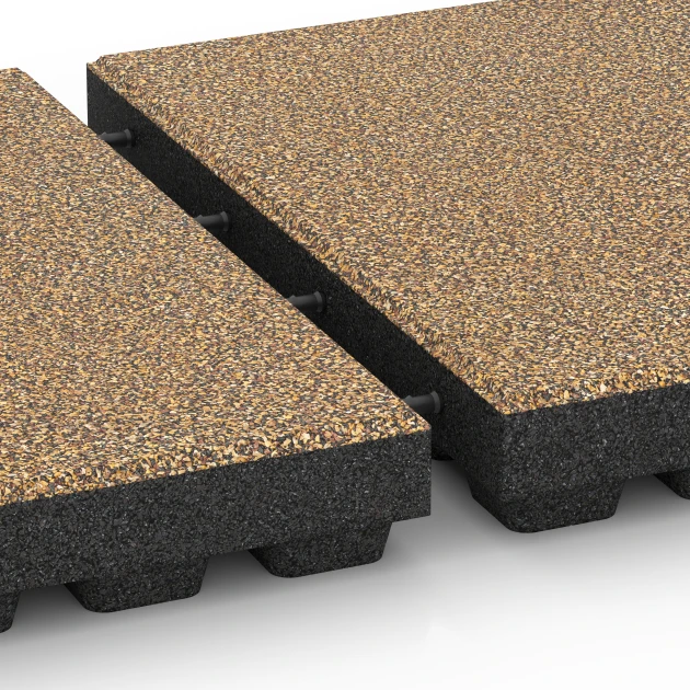 Großaufnahme vom Verbindungssystem von WARCO-Boden 6448 - Rubberen speelplaatstegel – 210 cm im Farbdesign Rattan. Abmessungen 50 x 50 x 7 cm.